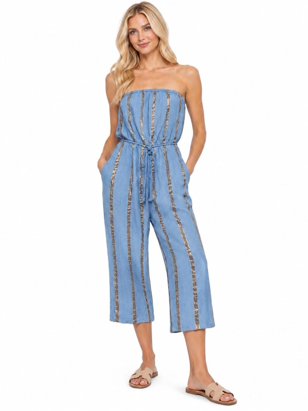 Roller Rabbit Blue Metallic Stripe Strapless Jumpsuit Romper Size Small Pockets